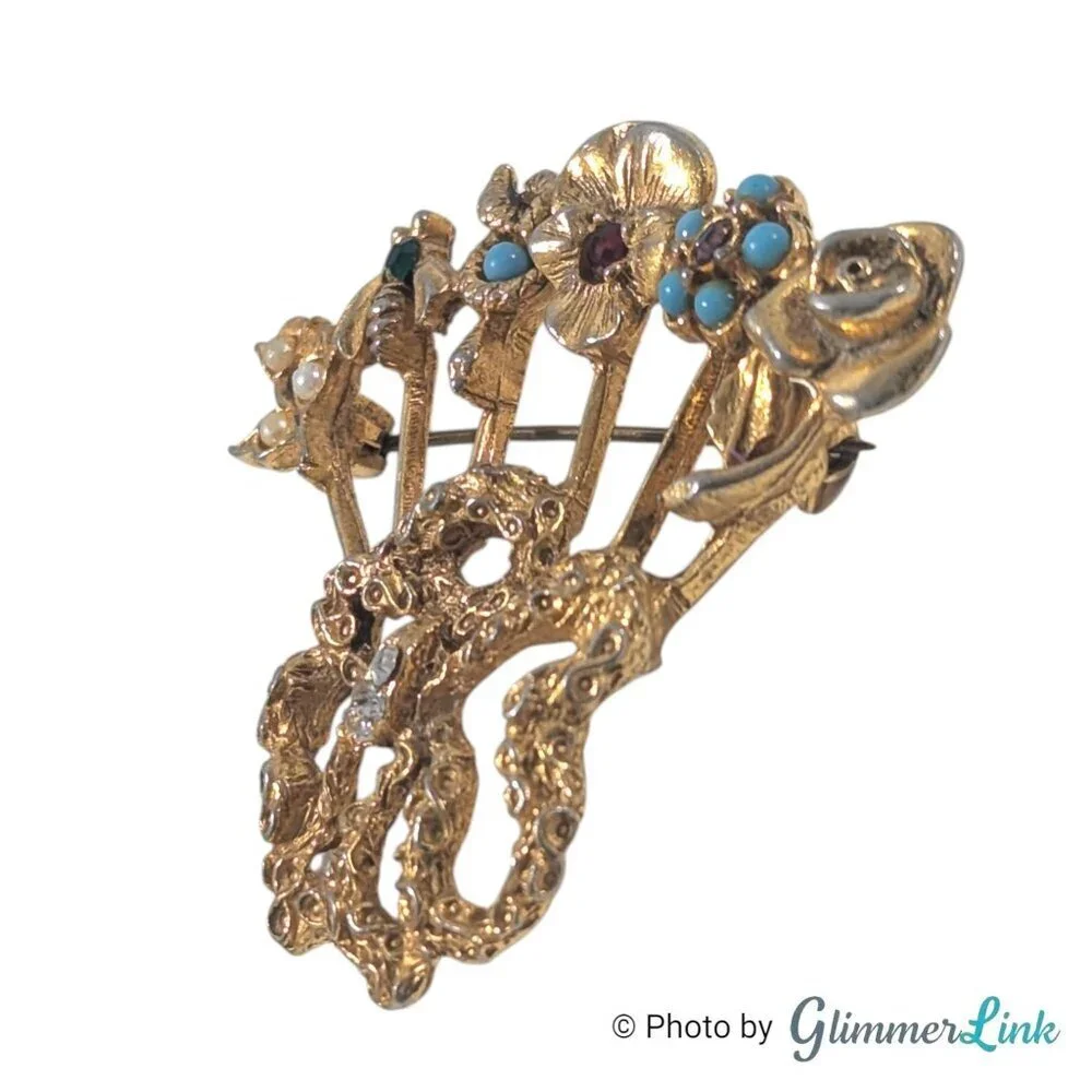 Vintage Victorian Revival Stick Pin Cluster Brooch Floral Bee Design 1960s